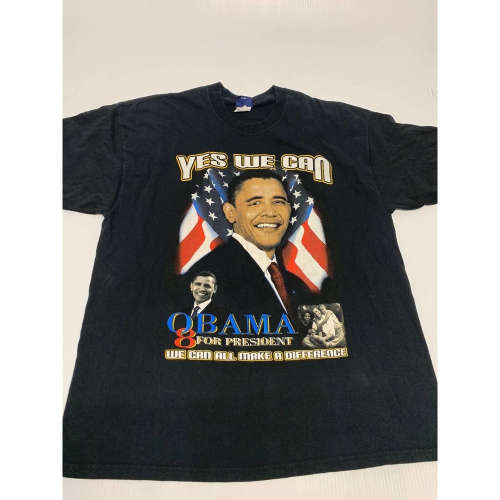 VTG AS Sports T-shirt Black Yes We Can Obama 8 For President 2X Men's A59